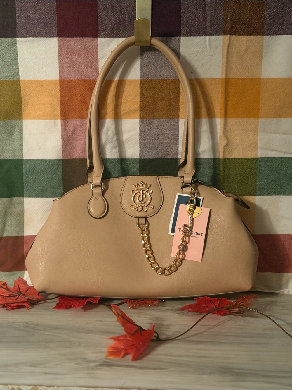 Juicy Couture Nude Beige Shoulder Bag with Gold Chain Accent